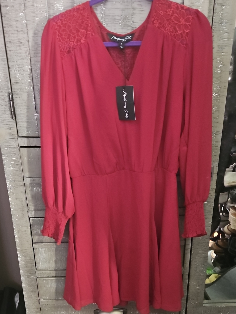 MONTGOMERY POST Crimson Lace-Yoke Long Sleeve Dress